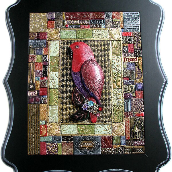 Unique Whimsical Eclectus Parrot One of a Kind Sculpture Polymer Clay Art Mosaic