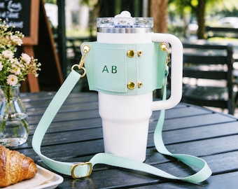 Personalized Stanley Cup Holder * Crossbody cup strap * leather cup sleeve * Stanley cup accessories