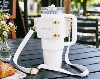Personalized Stanley Cup Holder * Hands-Free Tumbler Carry * Leather Sleeve with Card Pocket * Stanley cup accessories