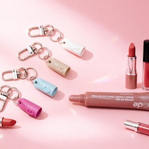 Könnte beinhalten: Eine Sammlung von Schönheitsprodukten, darunter Lippenstifte, Lipgloss und ein Peptid-Lippentint, auf einer rosa Oberfläche angeordnet. Schlüsselanhänger mit bunten zylindrischen Anhängern sind ebenfalls vorhanden. Die Produkte sind in verschiedenen Rosa- und Rottönen gehalten.