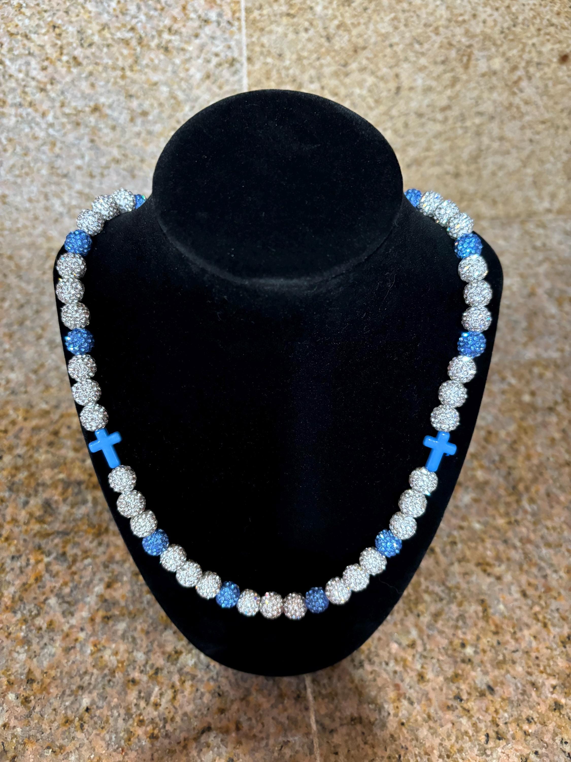 Baseball Drip clay rhinestone bead necklace 9inningdrip WHITE BABYBLUE with cross accents wintry ice