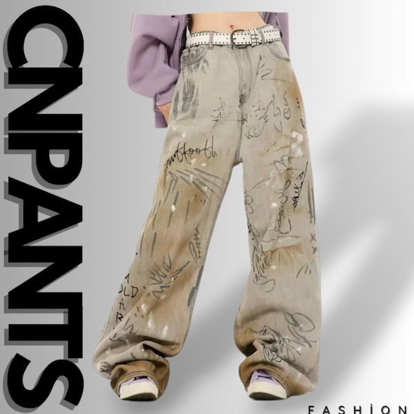 Vintage Y2K Damen Baggy Denim Jeans | 90er Jahre ästhetische Oversize Cowboyhose | Harajuku Emo2000s-Stil | Trashige Kleidung | Straßenhosen