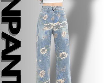 Retro bloemen jeans met wijde pijpen dames Y2k zomer | Broek met rechte pijpen | Streetwear-kleding | Festival broek
