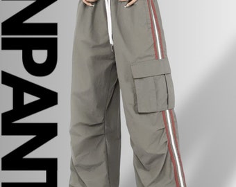 Pantaloni cargo da donna / Tasche con coulisse Gamba larga / Pantaloni sportivi / Pantaloni sportivi a righe larghe / Pantaloni da jogging con paracadute / Y2K Kpop