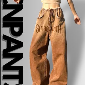 Y2K Brown Vintage Grunge Jeans | Women's Hip Hop Denim Pants | 90s Street Style Wide Leg Trousers | High-Waisted Straight-Leg