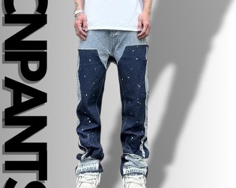 Men's Ink Splashed Jeans | Couple's Y2K Bell Bottoms with American Fashion Brands | Street Fashion Statement