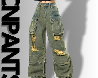 Vintage Y2k Style Baggy Ripped Cargo Jeans | Harajuku and 2000s Fashion | Women's Oversize Denim Trousers | Streetwear Pants