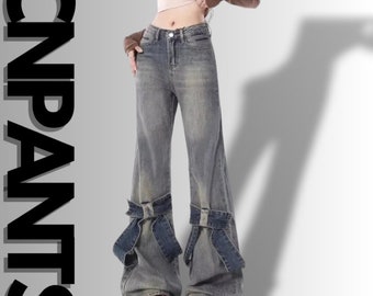 Vintage High Waist Straight Jeans with Bow Detail | Lace-up Baggy Y2K Wide Leg Denim | High Street Style Trouser for Women