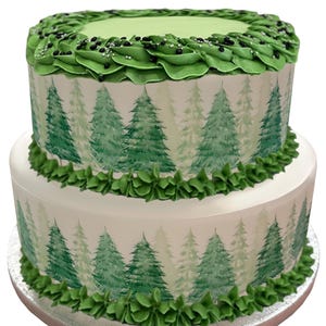 Decorazione per torta con nastro di glassa a tema alberi della foresta. Perfetto per torte più grandi. Avvolgi una torta glassata. Facile da usare.