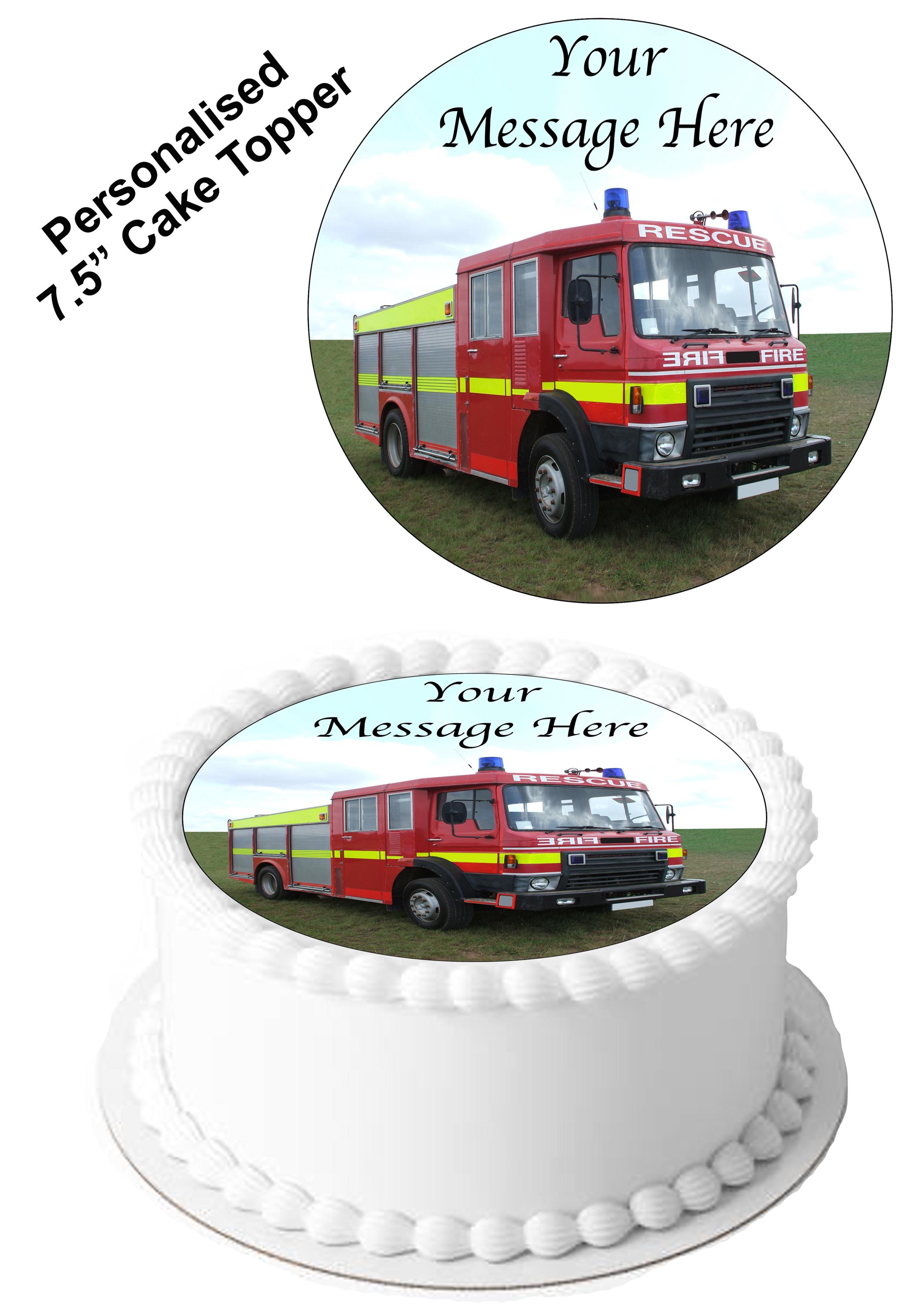 Fire Engine & Fireman Edible Cake Topper – Personalised Round Design
