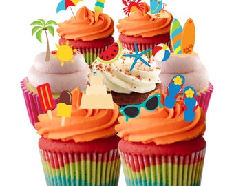 32 Stand Up Beach Seaside Holiday Clipart Style Edible Wafer Paper Card Cake Cupcake Toppers Decorations. Fully edible wafer paper/card