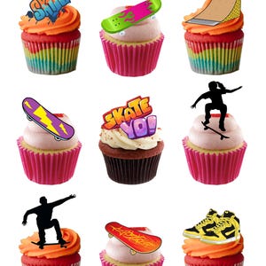 24 eetbare wafelpapieren kaarten met skateboard-thema Taart Cupcake Toppers Decoraties. Volledig eetbare wafelkaart