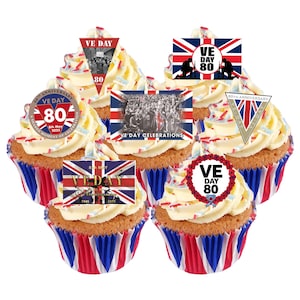 27 UNION JACK Victory Remembrance, commémoration de la Seconde Guerre mondiale, gaufrette comestible, papier, carte, décorations pour gâteaux et cupcakes. Entièrement comestible