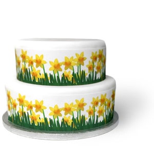 May include: A two-tiered white cake decorated with a yellow daffodil and green grass border.