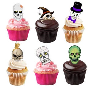 36 Stand Up Halloween Skull Themed Edible Wafer Paper Card Cake Cupcake Toppers Decorations. Fully edible wafer paper and edible ink