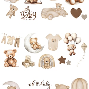 May include: A collection of watercolour illustrations featuring teddy bears, balloons, and baby-themed items. The image includes the text "Oh Baby" and "We Can Bearly Wait". The colour scheme is soft, using beige and brown tones.