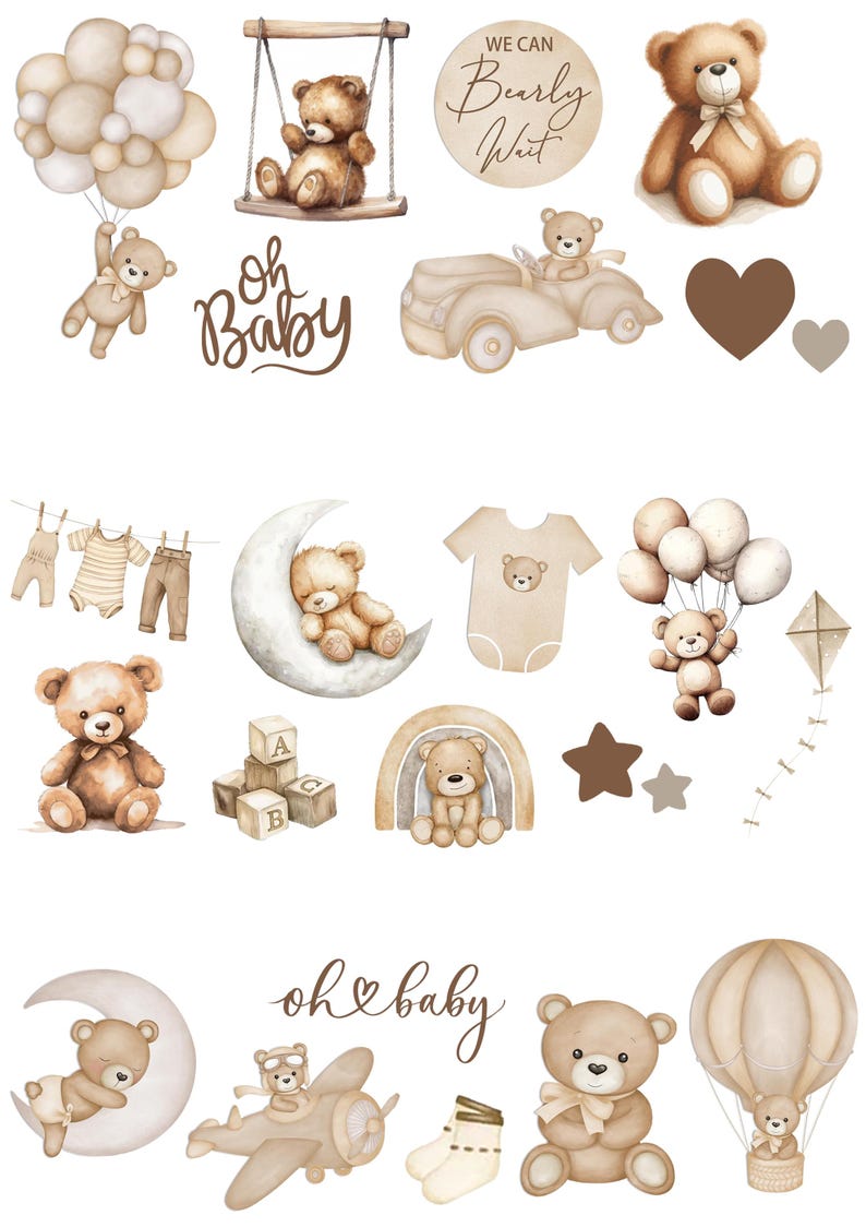 May include: A collection of watercolour illustrations featuring teddy bears, balloons, and baby-themed items. The image includes the text "Oh Baby" and "We Can Bearly Wait". The colour scheme is soft, using beige and brown tones.