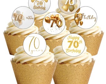 24 Precut Gold Style Age 70 Seventy Seventieth Birthday Edible Wafer Paper Cake Cupcake Toppers Decorations. Edible wafer paper/ink - precut