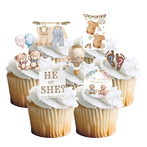 Peut inclure: Cupcakes avec glaçage blanc et décorations sur le thème des bébés. Les décorations comprennent des ours en peluche, des ballons, des vêtements de bébé et le texte "He or She?" et "What will baby be?" Thème de révélation du sexe.