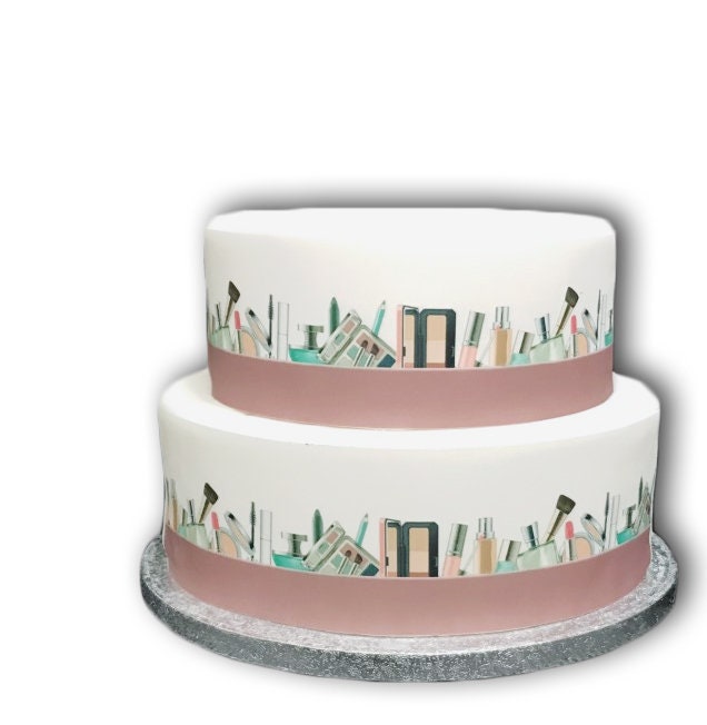 Cake Topper Personalizzato Rettangolo – Tema Make Up Con Pennelli, Rossetto E Smalto – Decorazione Commestibile