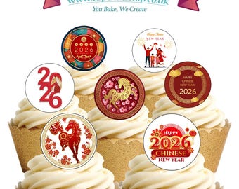 24 Precut Chinese Happy New Year 2026 Year of the Horse Edible Wafer Paper Cake Cupcake Toppers Decorations. Edible wafer paper/ink - precut