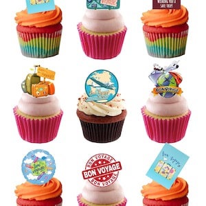 24 Stand Up Bon Voyage Travel Adventure Themed Edible Wafer Paper Card Cake Cupcake Toppers Decorations.Fully edible wafer paper/edible inks