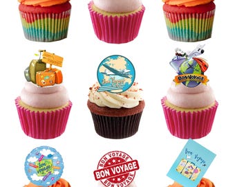 24 Stand Up Bon Voyage Travel Adventure Themed Edible Wafer Paper Card Cake Cupcake Toppers Decorations.Fully edible wafer paper/edible inks