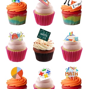 May include: Nine cupcakes with colorful frosting and decorative toppers. The toppers feature math symbols, formulas, and tools like protractors and calculators. Some cupcakes have the word "MATHS" on them.