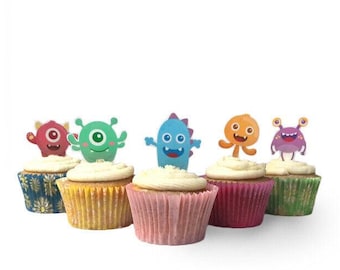 24 enfeites de cupcake comestíveis em papel cartão comestível de monstros fofos. Papel cartão comestível totalmente comestível.