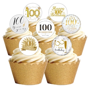 24 Precut 100th Birthday Celebration Edible Wafer Paper Cake Cupcake Toppers Decorations. Edible wafer paper/ink - precut