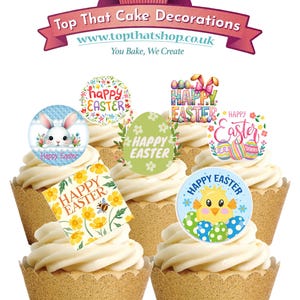 24 adornos comestibles de oblea para cupcakes, pasteles y tarjetas de Pascua. Totalmente comestibles. Impresos con tintas comestibles.