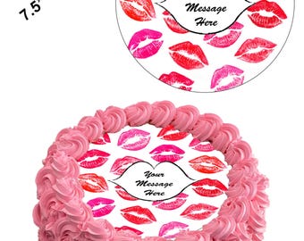 Personalised Valentines Lips Kiss Lipstick 7.5inch Circle Edible Icing Cake Decoration Topper - Personalise Your Cake.