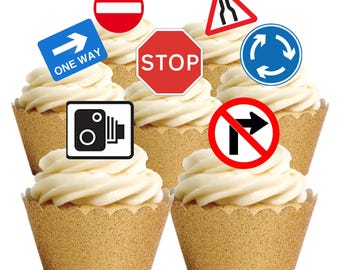 30 Stand Up Traffic Road Signs Edible Wafer Paper Card Cake Cupcake Toppers Decorations. Fully edible wafer paper