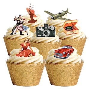 22 adornos de oblea comestibles de estilo retro vintage de los años 40 para tartas y cupcakes. Oblea totalmente comestible.