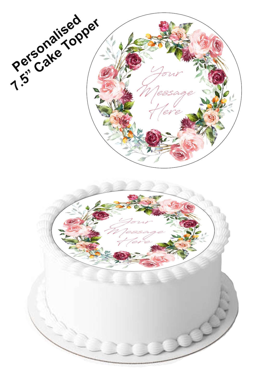 Stone Roses Cake Topper Personalised Vintage Rose Flower 7.5inch Circle Edible Icing Cake ...
