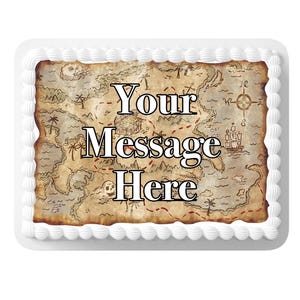 Decoração de topo de bolo com cobertura comestível e mapa do tesouro pirata com mensagem personalizada. Perfeito para bolos retangulares. Sua mensagem!