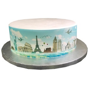 Berühmte Wahrzeichen der Welt Reise Skyline Bordüre Band Zuckerguss Kuchen Dekoration Topper. Für große Torten. Wickeln Sie um einen eisgekühlten Kuchen. Einfach zu bedienen.
