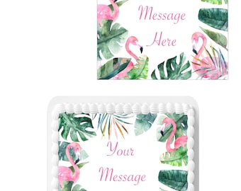 Personalised message Tropical Flamingo 7.5inch SQUARE Edible Icing Cake Topper Decoration.Perfect larger cakes.Your personalised wording.