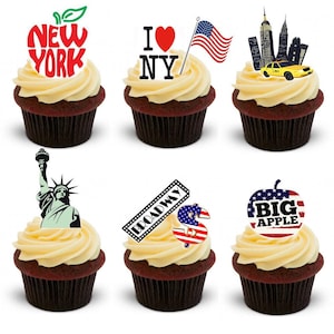 30 decorazioni per cupcake e torte in carta cialda commestibile a forma di New York City, raffiguranti la Grande Mela. Carta cialda completamente commestibile.