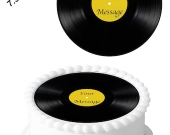 Personalised Vinyl Record Disc Design 7.5Inch Circle Edible Icing Cake Decoration Topper - Personalise Your Cake. Perfect For Larger Cakes.