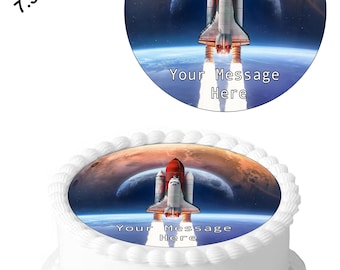 Personalised Space ROCKET Shuttle Design 7.5inch Circle Edible Icing Cake Decoration Topper. Personalise your cake.Perfect for larger cakes.