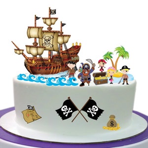 Topper de decoração de cena de bolo de papel wafer com tema pirata. Perfeito para bolos maiores. Cena de topo de bolo em pé.