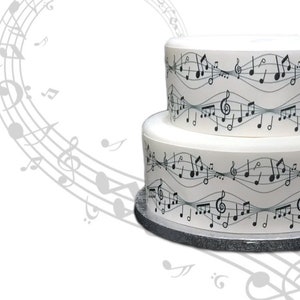 Decorazione per torta con glassa a forma di nastro con bordo a tema musicale, nota musicale. Perfetta per torte più grandi. Da avvolgere attorno a una torta glassata. Facile da usare.