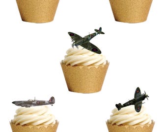 24 Stand Up and Precut Spitfire Plane VE Day Remembrance WW2 Edible Wafer Paper Card Cake Cupcake Toppers Decorations. Fully edible & PRECUT