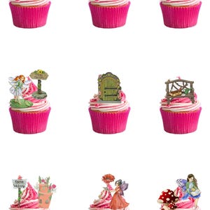 34 lindos enfeites de cupcake comestíveis para jardim de fadas, com tema de fadas mágicas e cartão de papel comestível. Cartão de papel comestível totalmente comestível.
