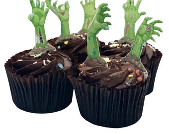 20 Stand Up Halloween Zombie Hands Edible Wafer Paper Card Cake Cupcake Toppers Decorations.Fully edible wafer paper card and edible inks