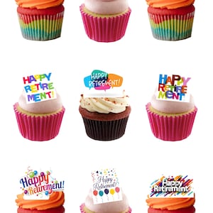 24 decorazioni commestibili per cupcake e torte in carta ostia "Stand Up Bright Happy Retirement Retire". Carta ostia completamente commestibile.
