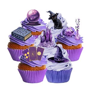36 decorazioni commestibili per cupcake e torte in carta ostia a tema Stregoneria e Magia di Halloween. Carta ostia completamente commestibile.