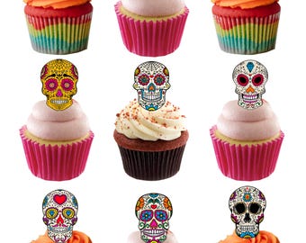 36 Stand Up Sugar Flower Skulls Mexican Halloween Themed Edible Wafer Paper Card Cake Cupcake Toppers Decorations. Fully edible wafer paper
