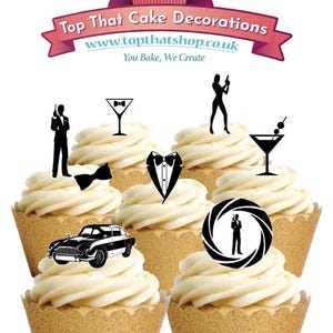 27 James Bond 007 Silhouette sur le thème des gaufrettes comestibles, papier cartonné, décorations pour gâteaux et cupcakes. Papier azyme entièrement comestible/encres comestibles